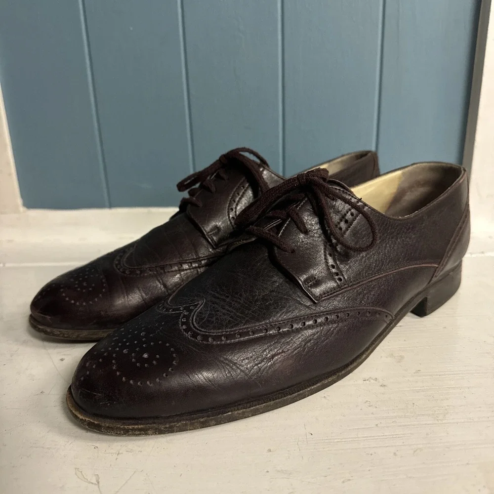 Vtg BALLY of Switzerland Leather Dress Burgundy Wingtip Oxford Shoes Men's 10‎